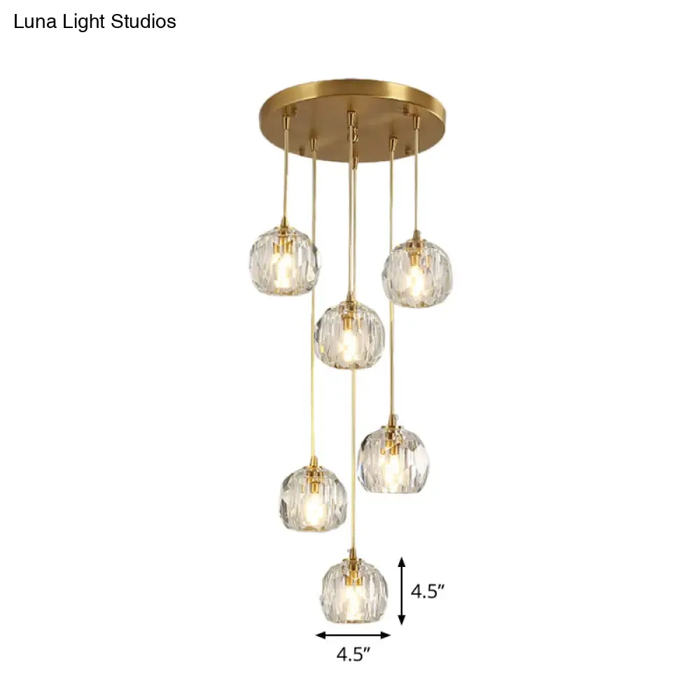 Stylish Modern Brass Ceiling Hang Light with Faceted K9 Crystal Cluster Ball Pendant for Living Room