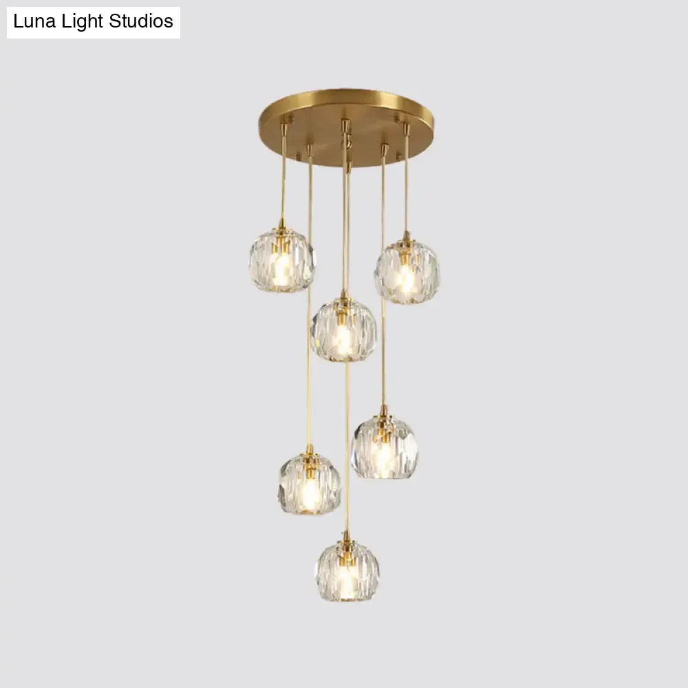 Stylish Modern Brass Ceiling Hang Light with Faceted K9 Crystal Cluster Ball Pendant for Living Room