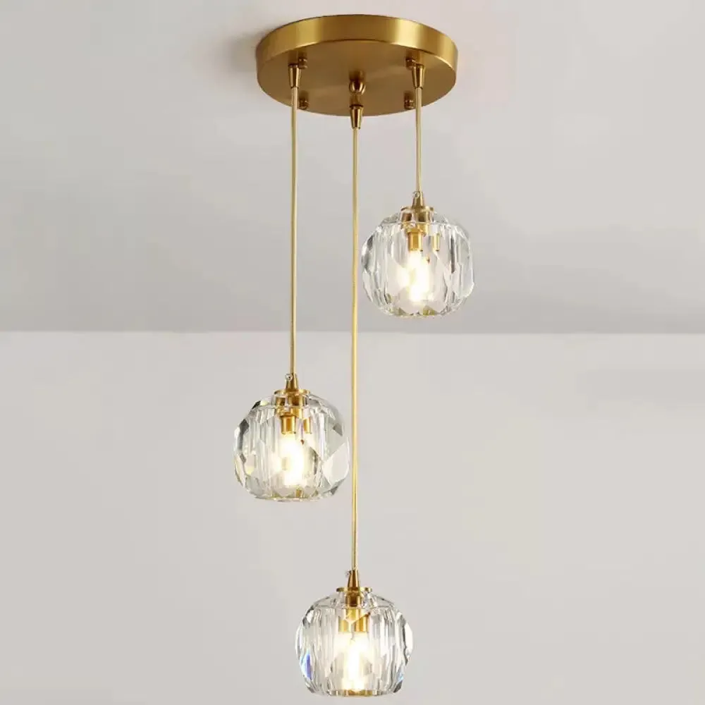 Stylish Modern Brass Ceiling Hang Light with Faceted K9 Crystal Cluster Ball Pendant for Living Room