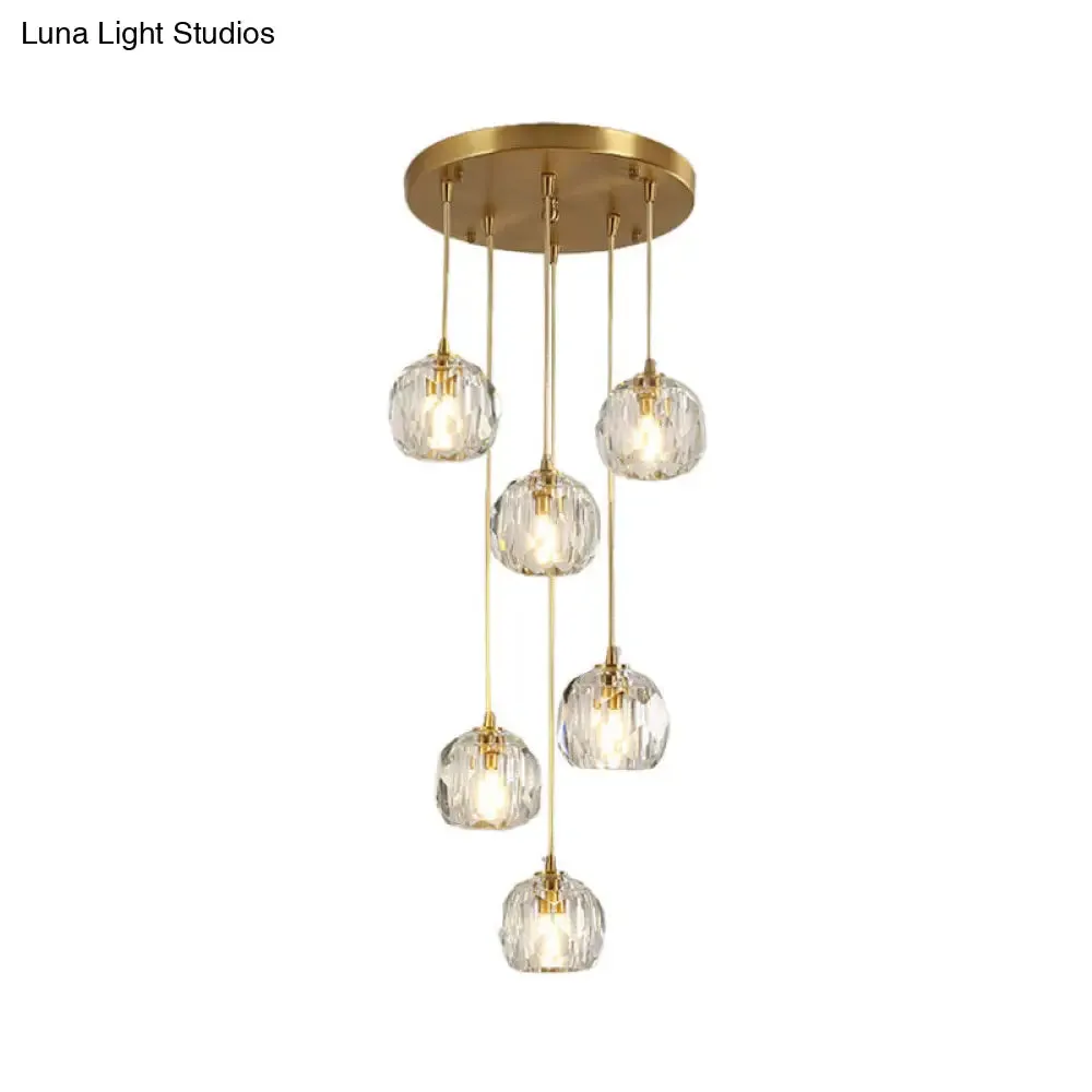 Stylish Modern Brass Ceiling Hang Light with Faceted K9 Crystal Cluster Ball Pendant for Living Room