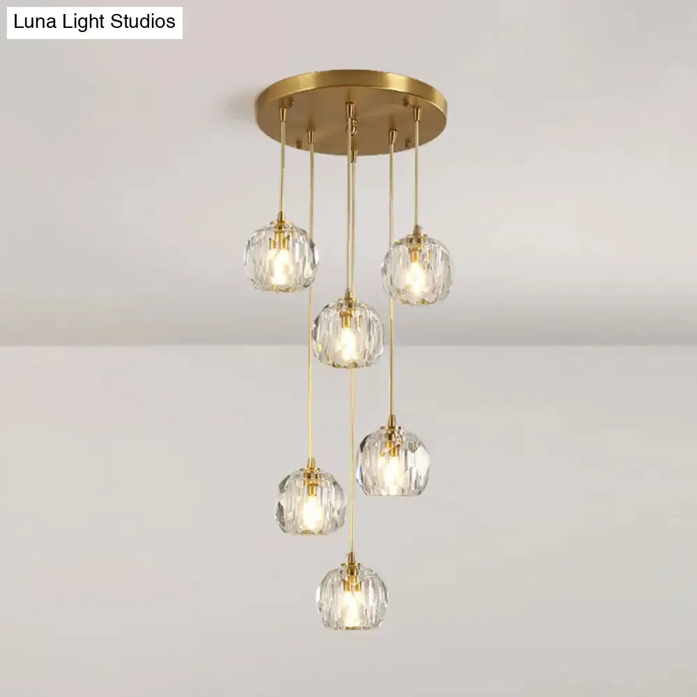 Stylish Modern Brass Ceiling Hang Light with Faceted K9 Crystal Cluster Ball Pendant for Living Room