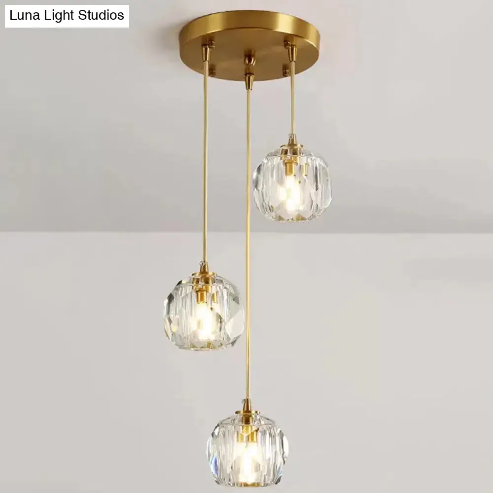 Stylish Modern Brass Ceiling Hang Light with Faceted K9 Crystal Cluster Ball Pendant for Living Room