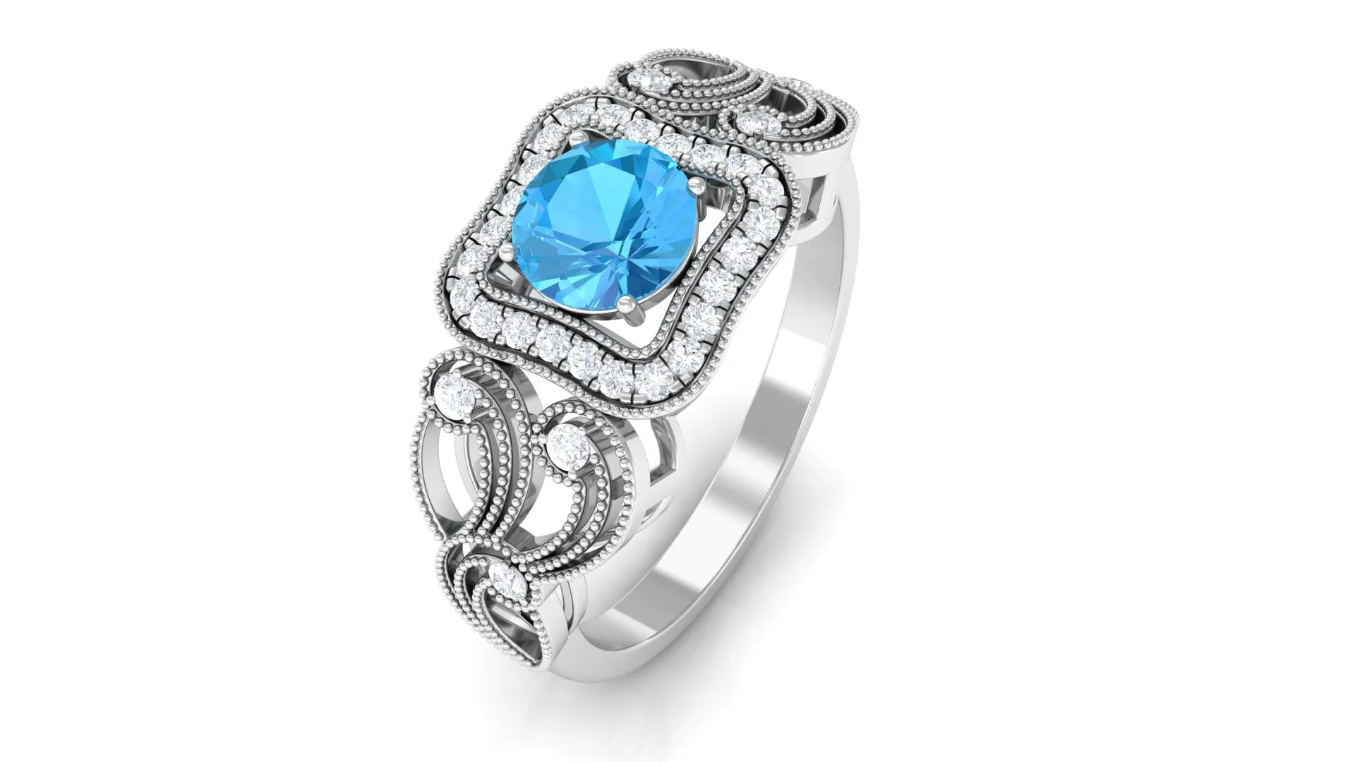 Swiss Blue Topaz Vintage Style Engagement Ring with Diamond