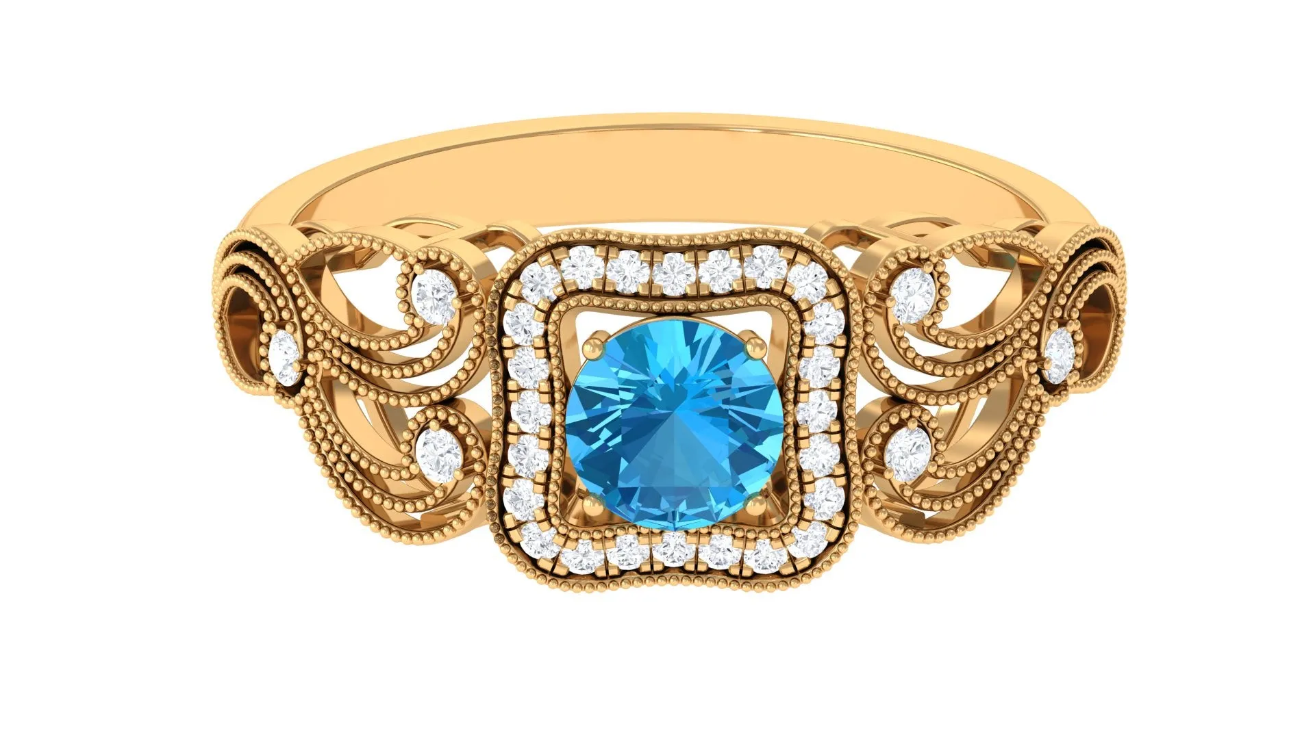 Swiss Blue Topaz Vintage Style Engagement Ring with Diamond