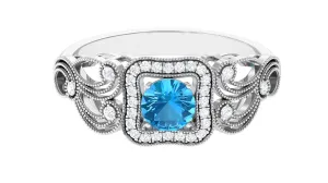 Swiss Blue Topaz Vintage Style Engagement Ring with Diamond