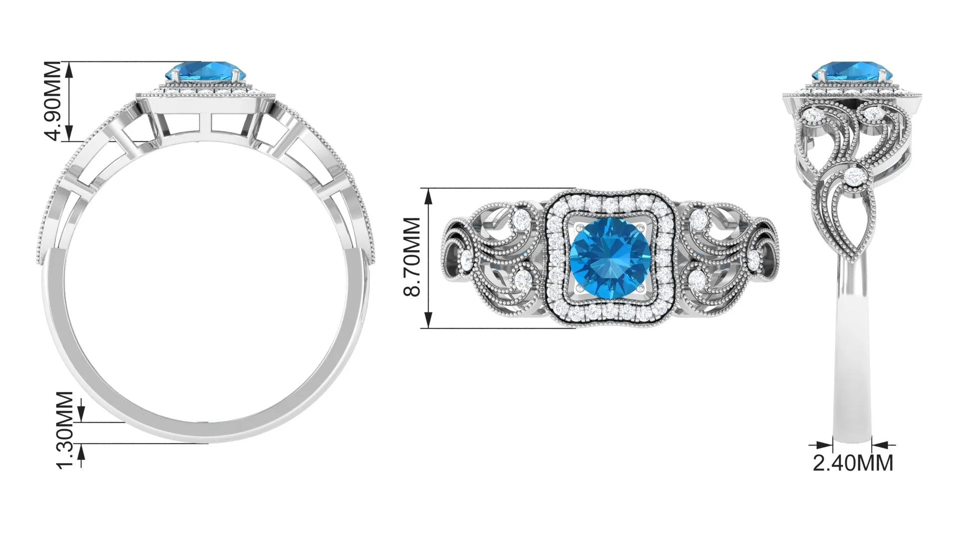 Swiss Blue Topaz Vintage Style Engagement Ring with Diamond