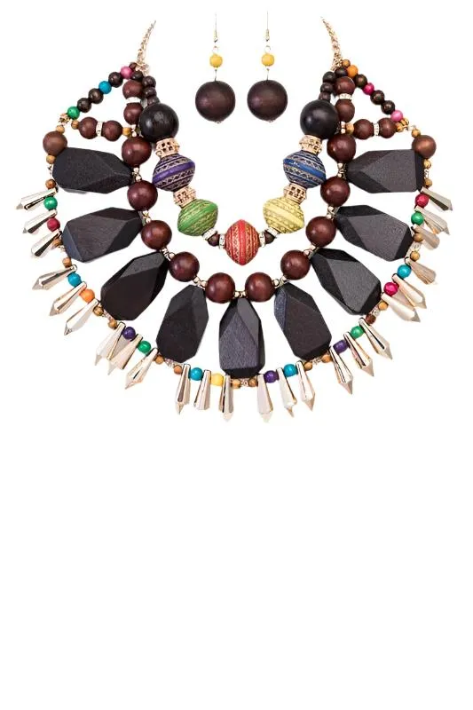 TEEK - Wood And Spikes Statement Collar Necklace Set