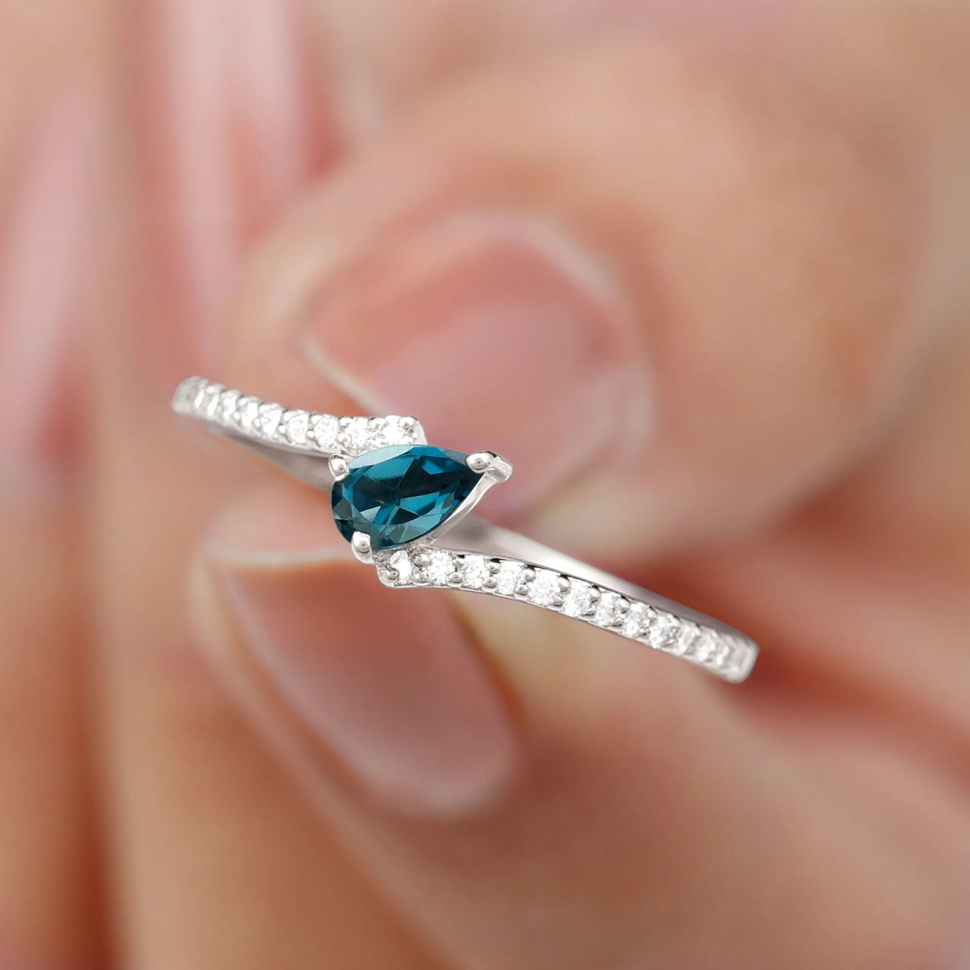 Tilted Pear Shape London Blue Topaz and Diamond Bypass Promise Ring