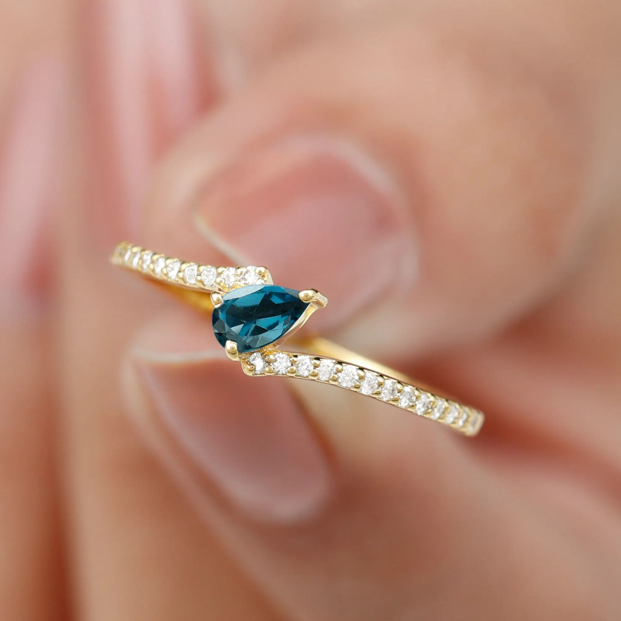 Tilted Pear Shape London Blue Topaz and Diamond Bypass Promise Ring