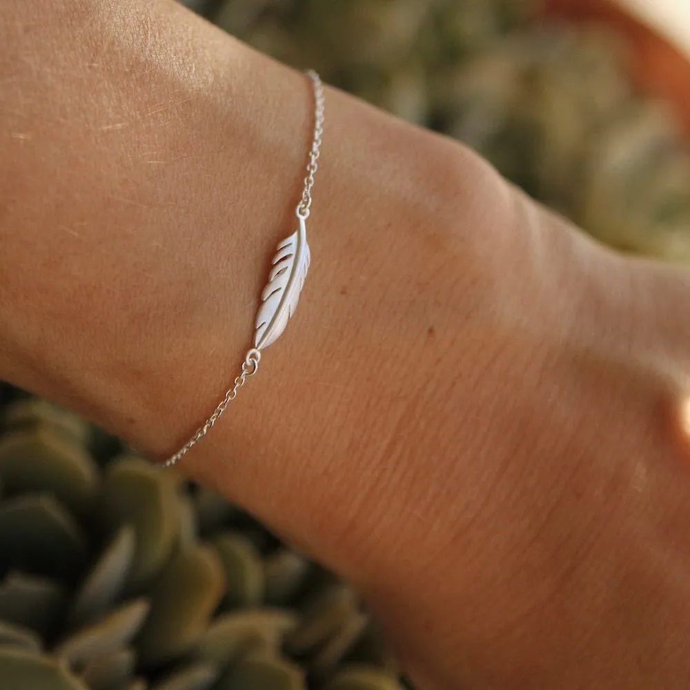 Tiny Feather Bracelet - Brushed Sterling Silver