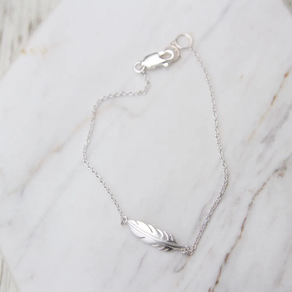 Tiny Feather Bracelet - Brushed Sterling Silver