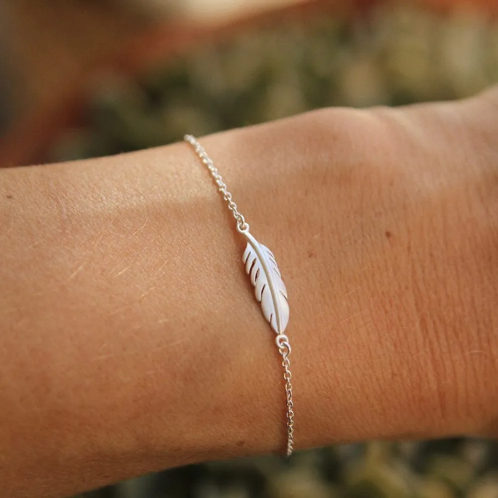 Tiny Feather Bracelet - Brushed Sterling Silver