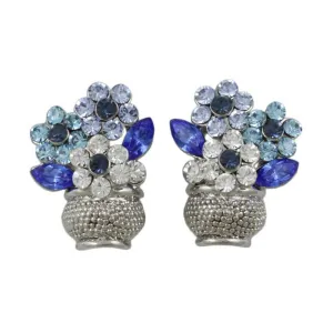 Vase with Blue Crystal Daisies Clip Earring - REC614AC