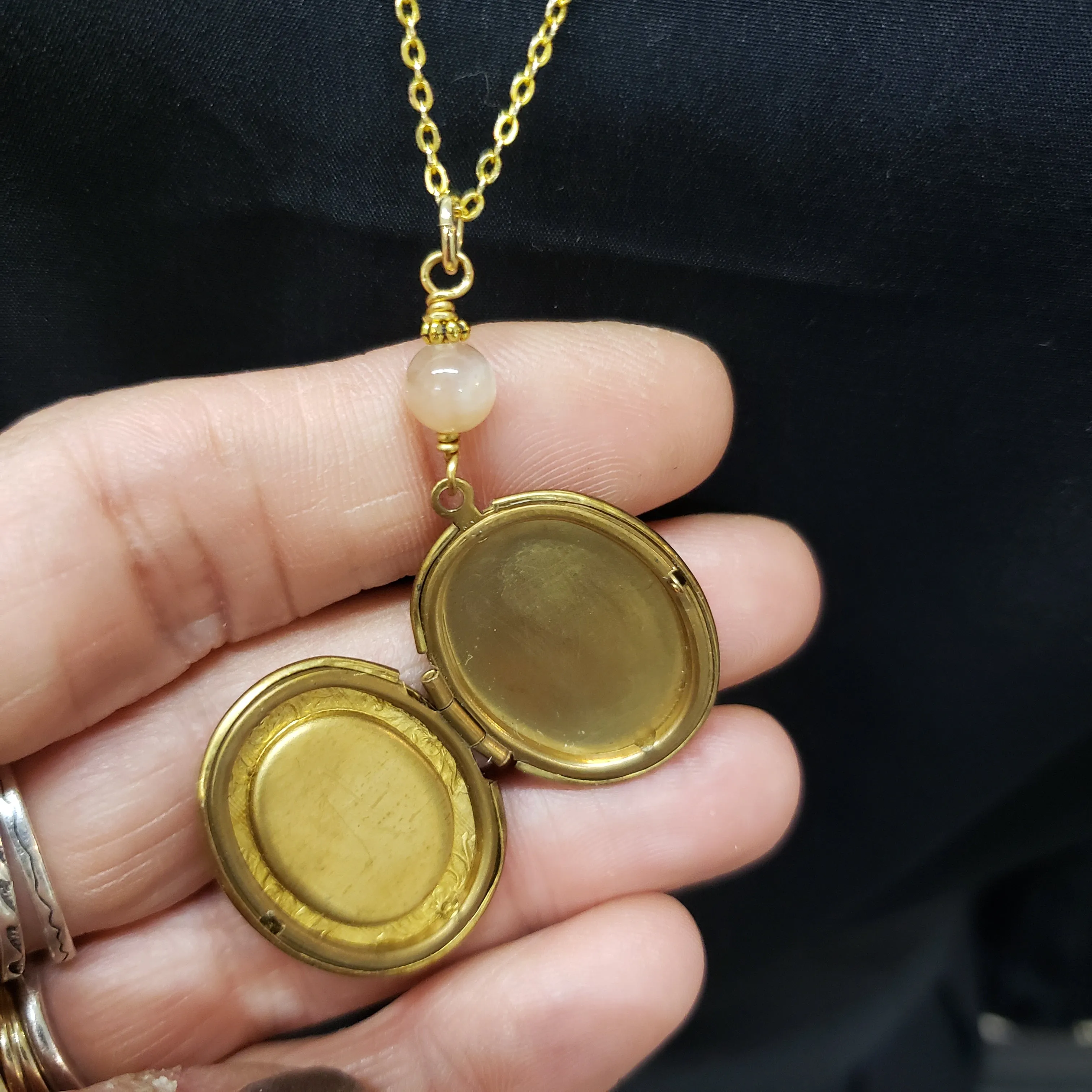 Vintage Small Floral Etched Locket - Peach Moonstone