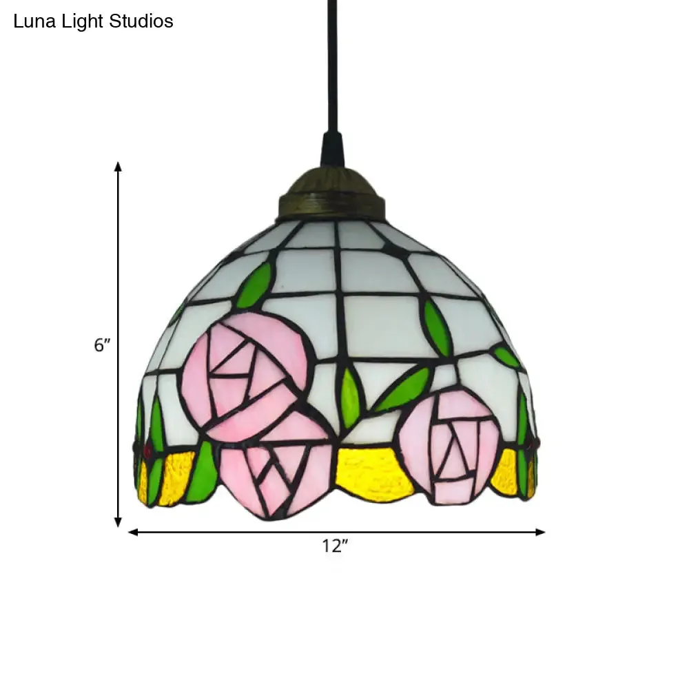 White Cut Glass Ceiling Hang Fixture - Domed Mediterranean Suspension Lighting with Rose Pattern and 1 Light