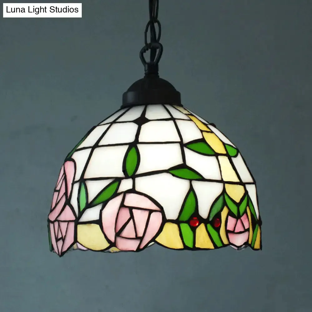 White Cut Glass Ceiling Hang Fixture - Domed Mediterranean Suspension Lighting with Rose Pattern and 1 Light