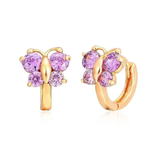 Windshow Cute Pink CZ Butterfly Small Hoop Earrings