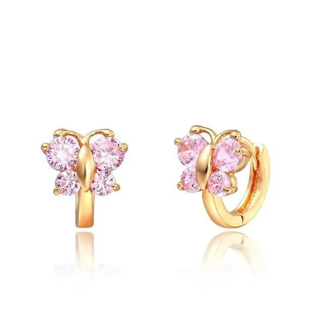 Windshow Cute Pink CZ Butterfly Small Hoop Earrings