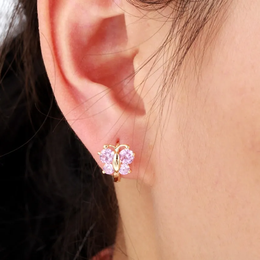 Windshow Cute Pink CZ Butterfly Small Hoop Earrings