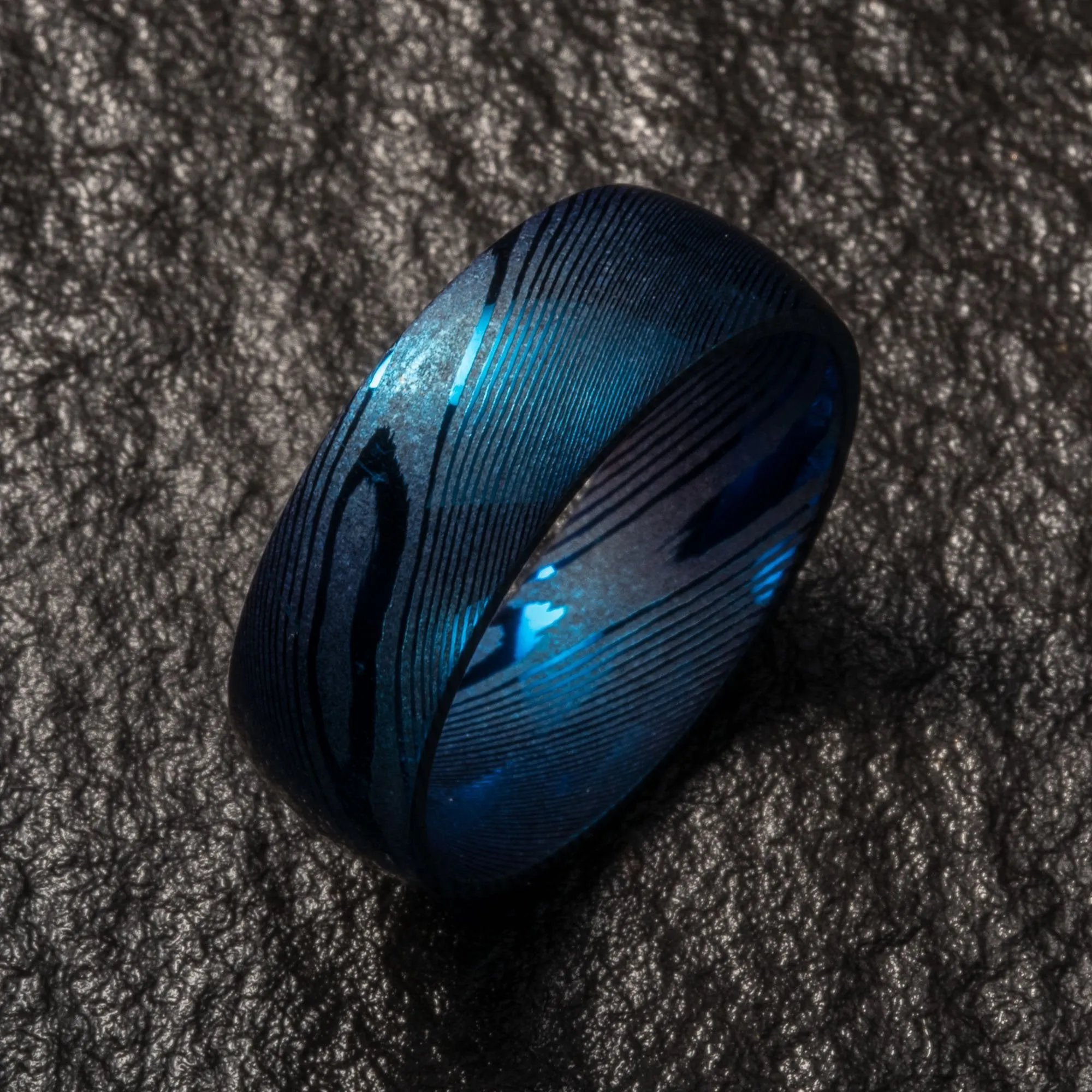 Wood Grain Damascus Steel Ring - Blue Minimalist