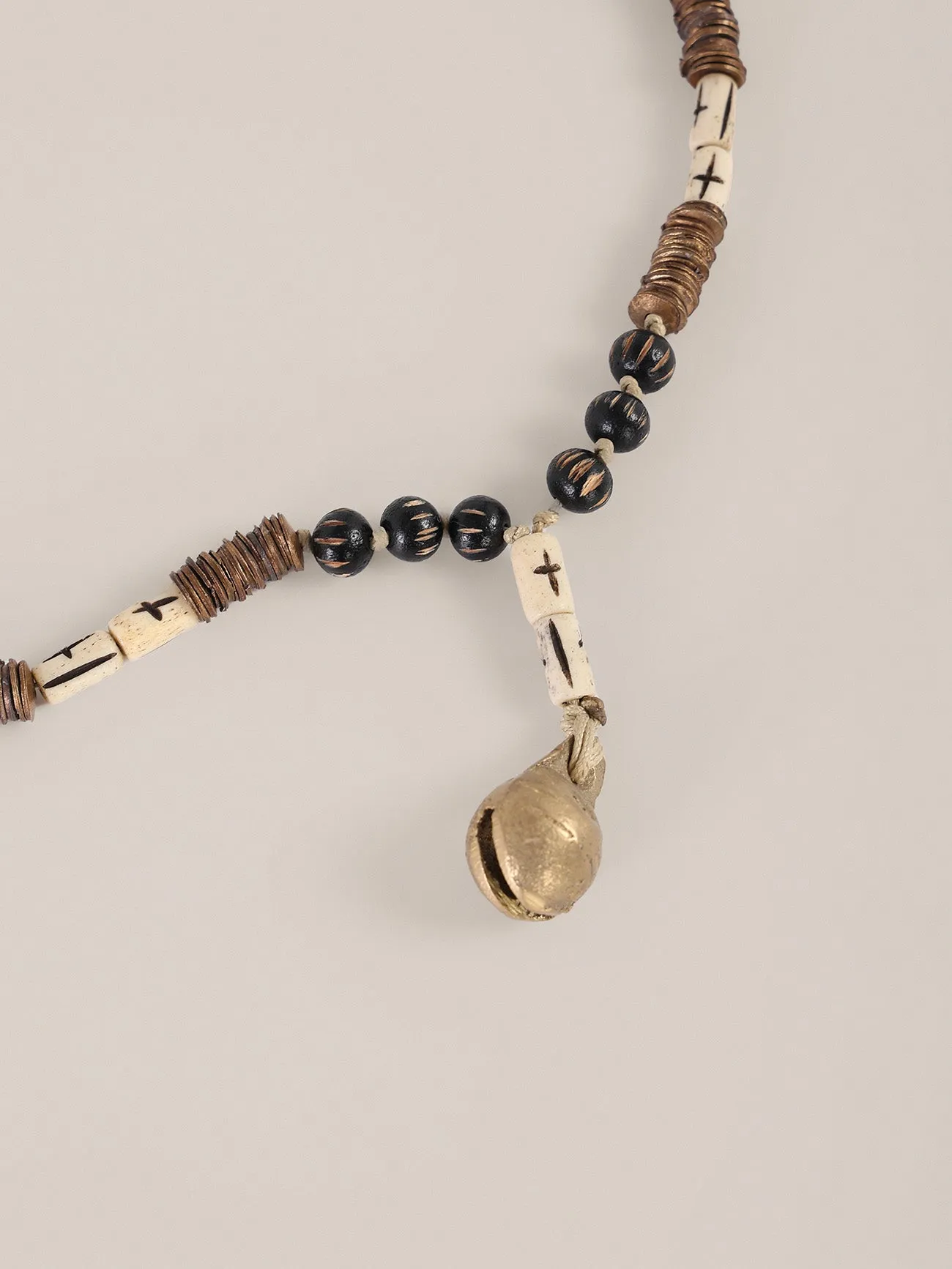 Wood metal long necklace with brass bell pendant